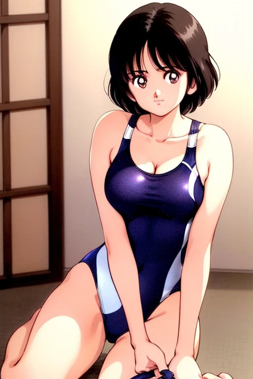 (Yoshizuki_Iori), Bangs, Masterpiece, Best Quality, Solo,Girl in a Dark Blue Competitive Swimsuit,Ecchi Anime Style, (Beautiful:1.3), Viewers Viewer, White Knee Socks, Navel, Clear Lower Abdomen,