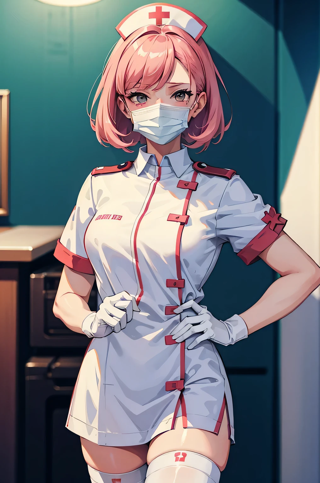 1 female, alone, nurse, nurse cap, Whiteware, ((white legwear, zettai ryouiki)), white gloves, pink hair, green eyes, droopy eyes, ((White surgical mask, Covered nose)), Are standing, ((hospital room)), sharp outline, short sleeve, mature woman, 32 years old, highest quality, masterpiece