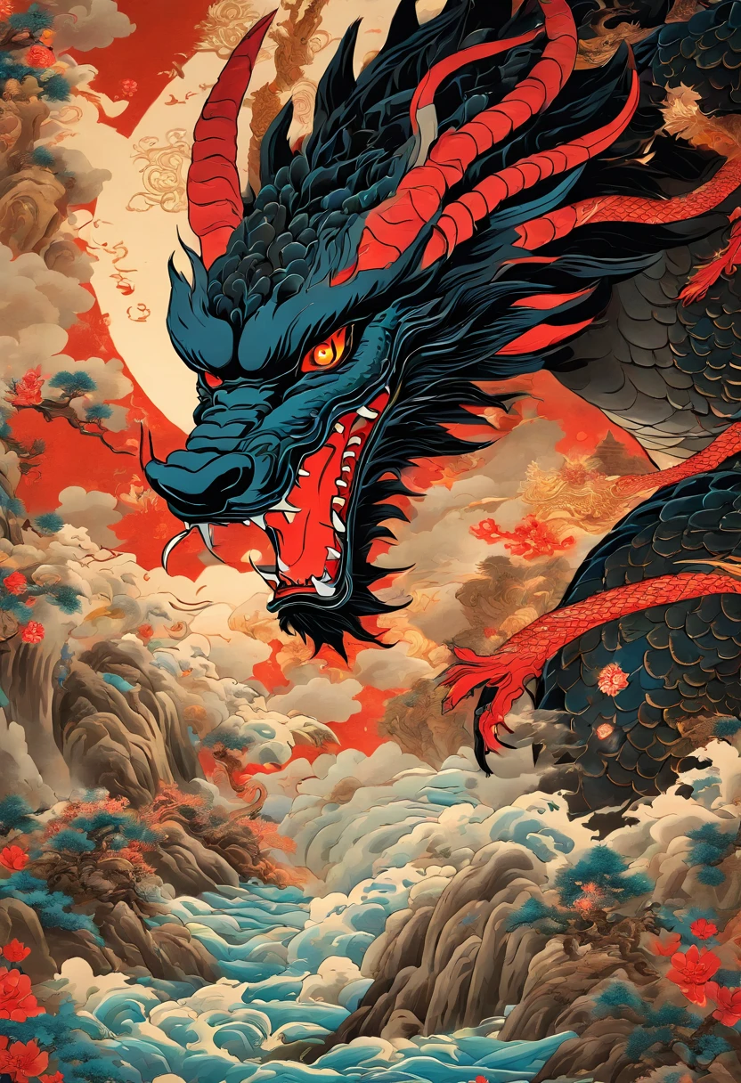 dragon, cutting off the dragon's head, beheading, Chinese dragon, Shui Mo Hua, lotuses, Chinese painting style, Thangka style、Red Eyes,Black dragon,