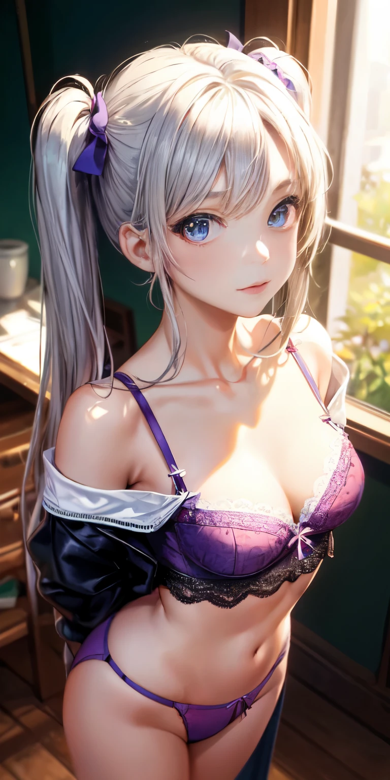 masterpiece, highest quality, super detailed, figure,(1 girl),beautiful and fine eyes, looking at the viewer, close, (chest focus), (turn your arms behind your back:1.2), (From above:1.1), long silver twintail hair, Normal breasts are showing:1.3), (off shoulder:1.1), underwear,(Light purple detailed lace lingerie)、break