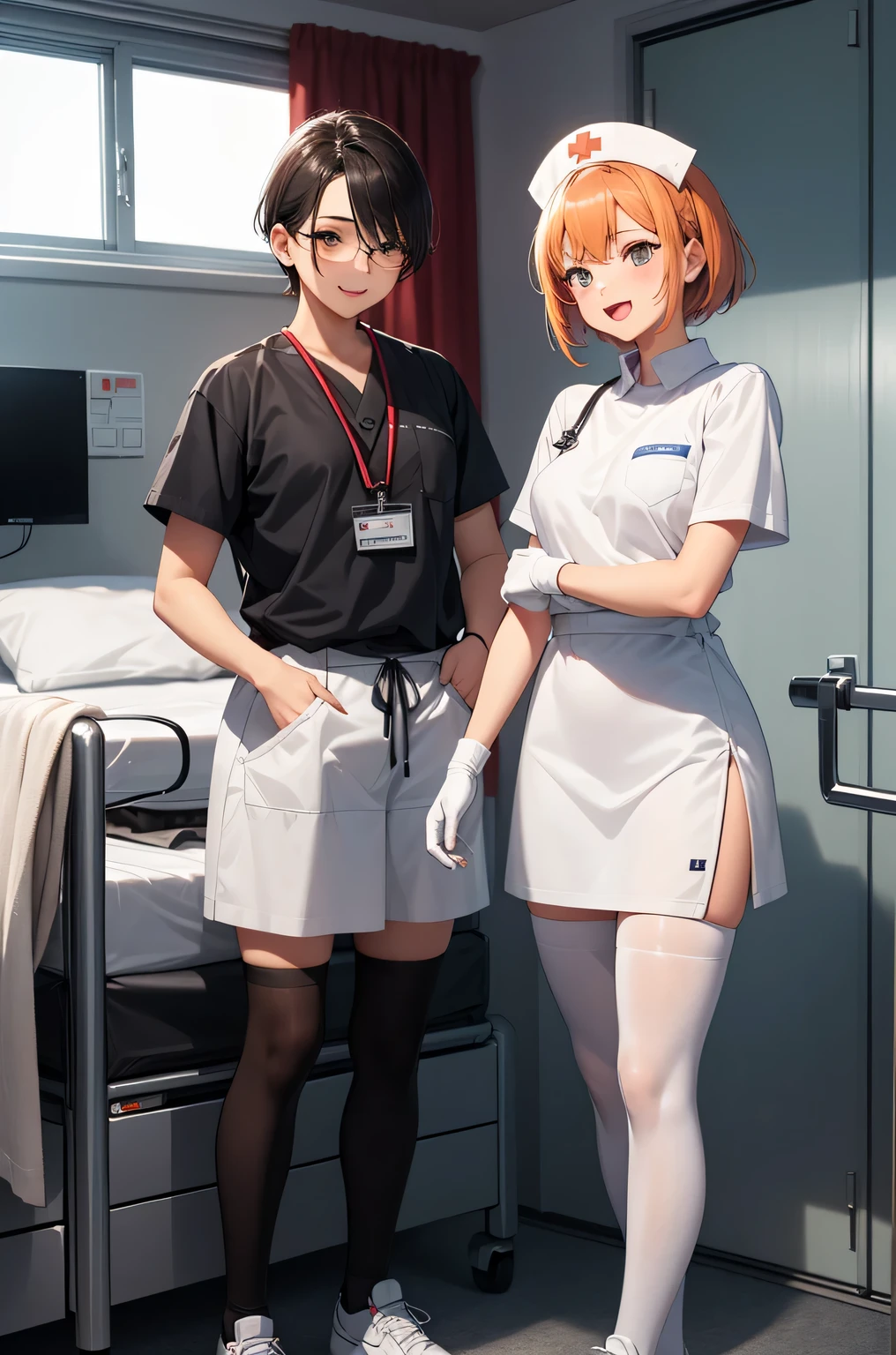 One girl, alone,Black Nurse, black nurse cap, Black clothes, ((Black legwear, zettai ryouiki)), Black gloves, Very short hair, Orange Hair, smile, Open your mouth, Are standing, ((Hospital room)), Sharp contours, Short sleeve, Tomboy, boyish, highest quality, masterpiece,facial,Heart symbol、uterine orifice、Fertilization, Glasses,Voice of the Heart,Breast milk,Ecstatic expression、yandere、Until death、Purple eyes,blush、Downward shot