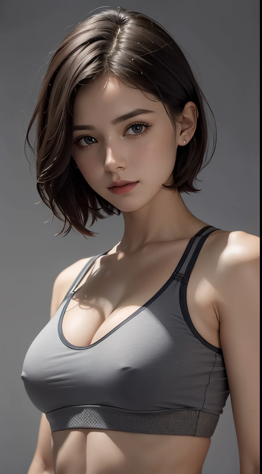 Looking at Viewer, cinematic lighting, Perfect fit, soft light, High resolution skin:1.2, realistic skin texture, body tired from sports、30 years old woman、small face、no makeup、Makeup is light、short cut hair、dark brown hair、Bust B Cup、small breast Revealed cleavage、off 、sports bra、leggings、full nude、gray background