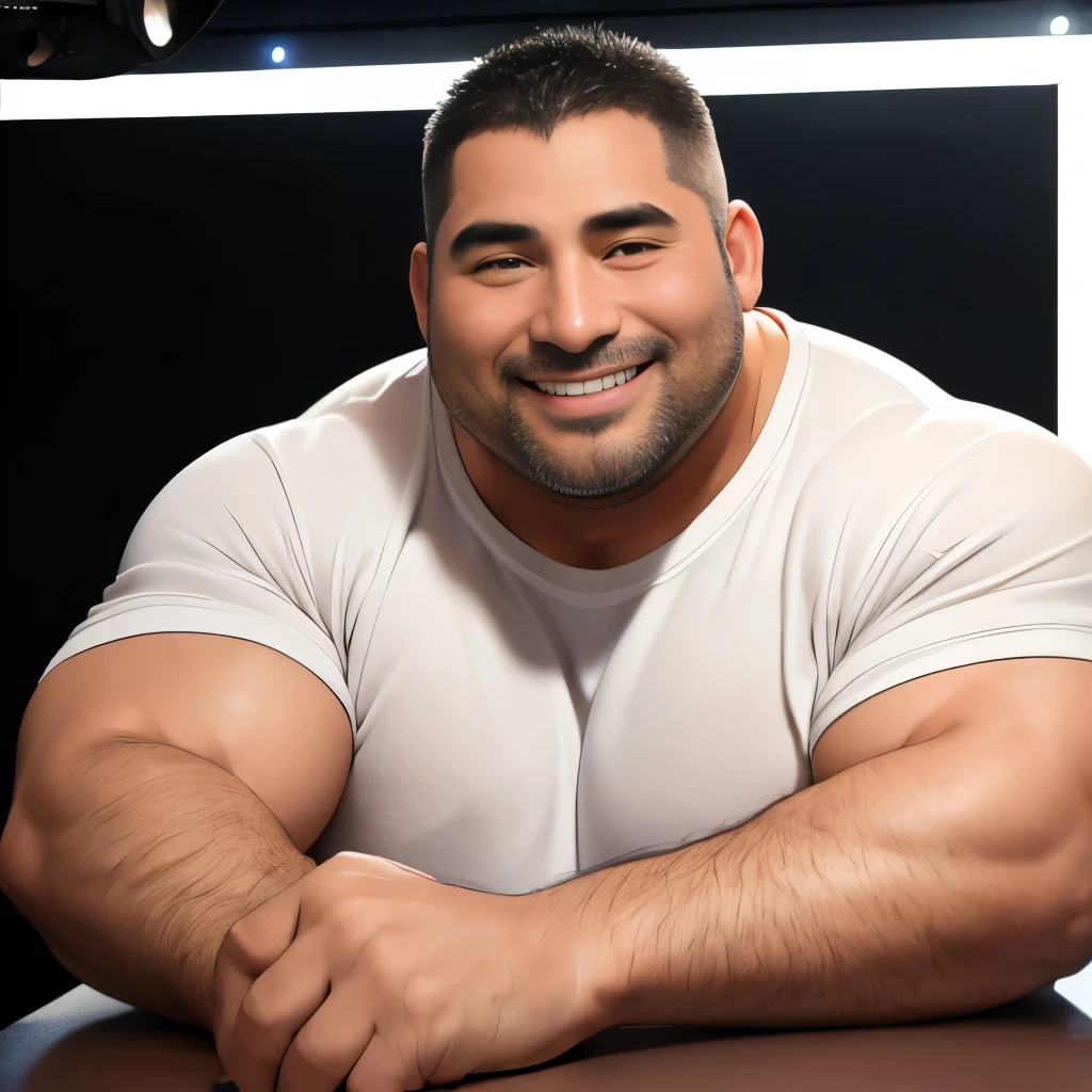 (highest quality:1.5), (masterpiece:1.5), (Photography Studio:1.4), (Japanese:1.1), close-up face, macho, huge body, hairy, (fat:1.2), 40 years old, smile, white t-shirt, Raising one hand