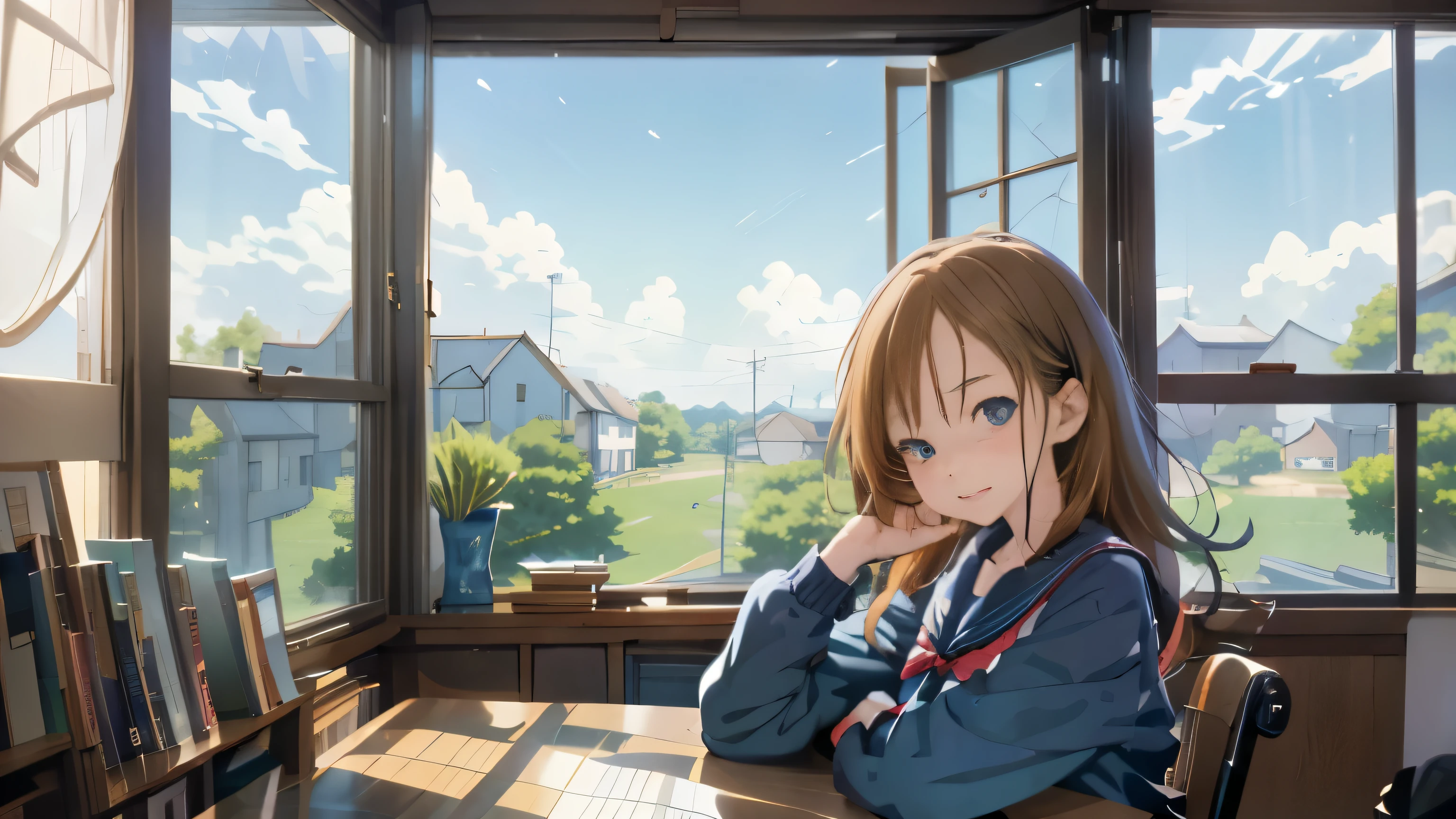 Anime girl sitting at desk with books and books, Lofi Portrait at a window, Anime Countryside, lofi girl, anime backgrounds art, Lofi Portrait, painted in anime painter studio, Anime Art Wallpaper 8 K, digital anime illustration, animation style 4k, Smooth animated CG art, Detailed landscape - width 672, anime backgrounds