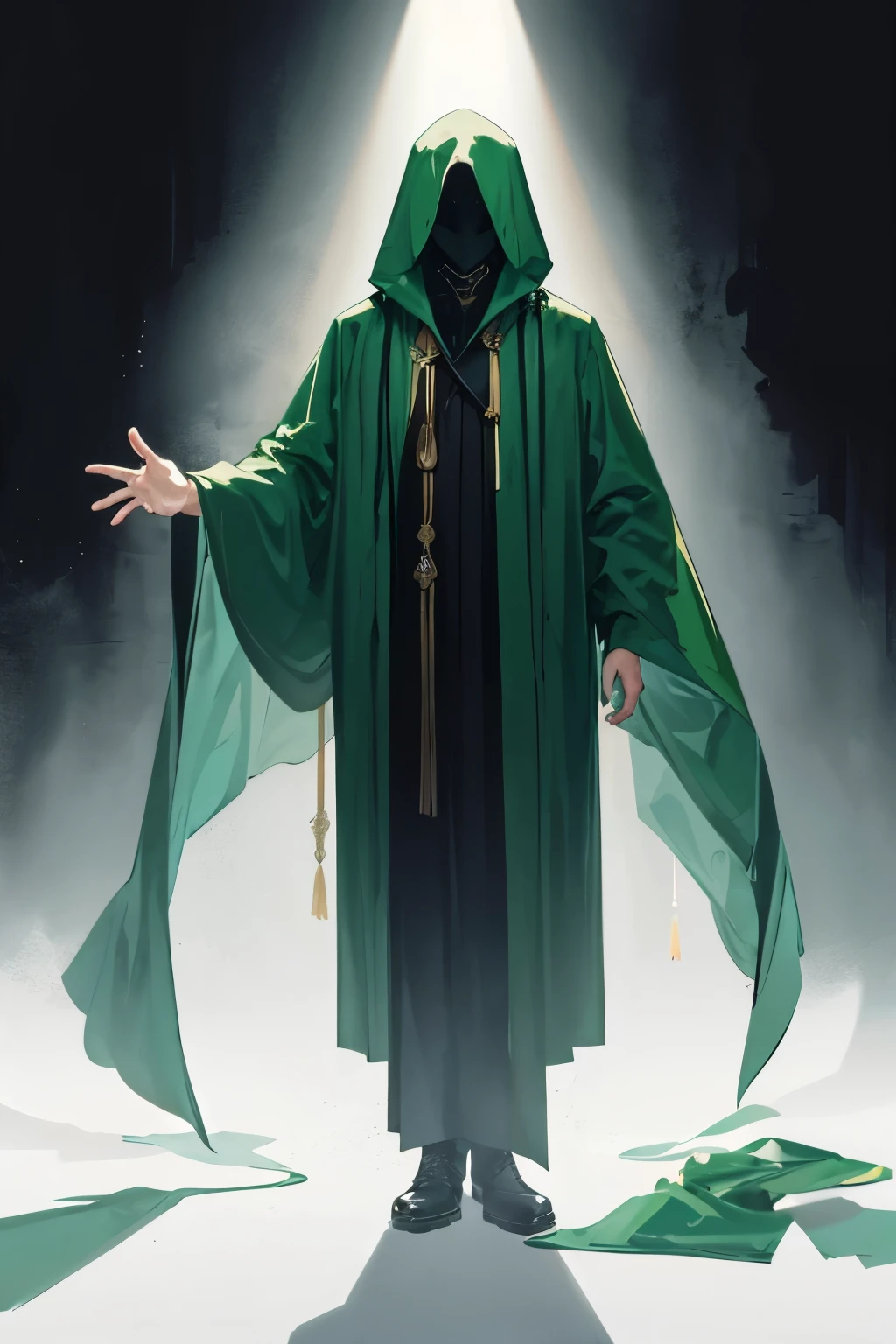 show me an human, with an full hidden face, wearing a green robe, stand infront of a black wall