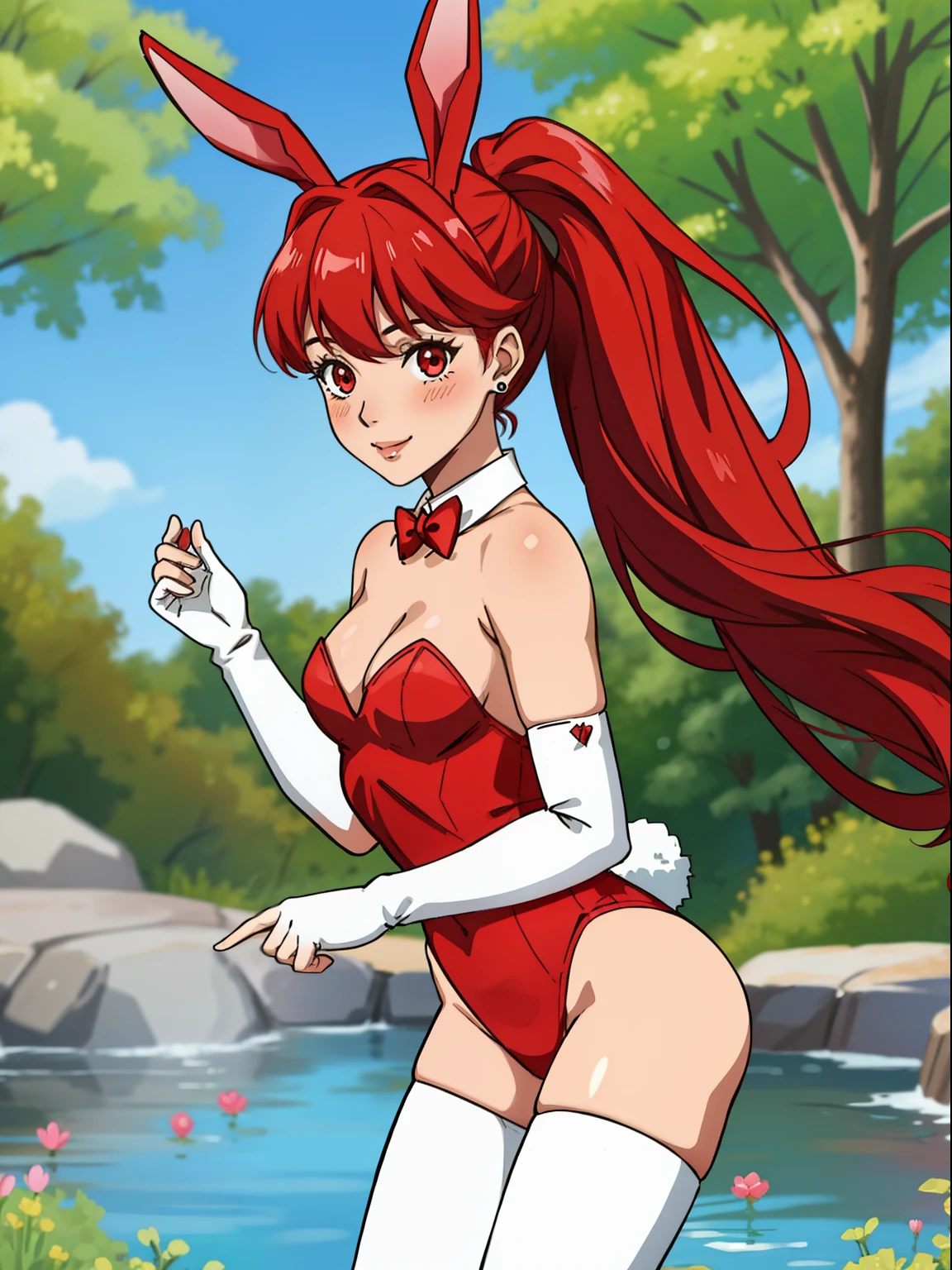 kasumi, red hair, pony tail, red eyes ,1girl, solo, small breasts, ,earrings glossy lips ,looking at viewer, blush, large breasts, nature, pond, trees, park, long white elbow satin gloves, holding, animal ears, cleavage, bare shoulders, jewelry, very l, gentle smile, pantyhose, earrings, fake rabbit ears,  leotard, fake animal ears bunny, long white elbow gloves