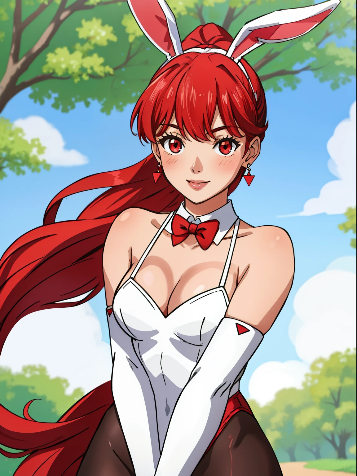 kasumi, red hair, pony tail, red eyes ,1girl, solo, small breasts, ,earrings glossy lips ,looking at viewer, blush, large breasts, nature, pond, trees, park, long white elbow satin gloves, holding, animal ears, cleavage, bare shoulders, jewelry, very l, gentle smile, pantyhose, earrings, fake rabbit ears,  leotard, fake animal ears bunny, long white elbow gloves