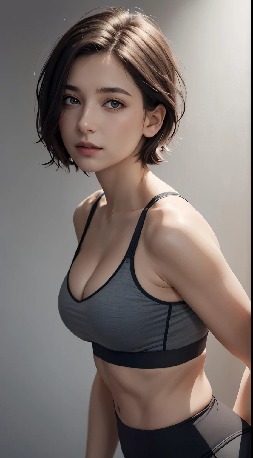 Looking at Viewer, cinematic lighting, Perfect fit, soft light, High resolution skin:1.2, realistic skin texture, body tired from sports、30 years old mature woman、small face、no makeup、Makeup is light、short cut hair、dark brown hair、Bust B Cup、small breasts same、 Revealed cleavage、off shoulder、sports bra、leggings、full nude、gray background