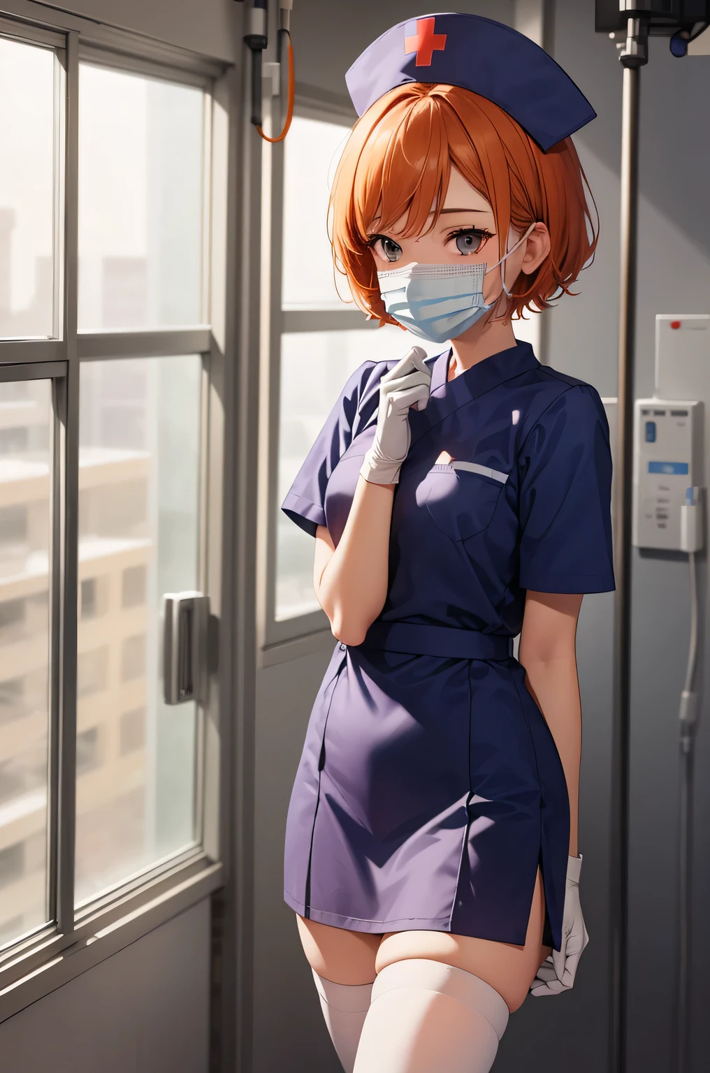 1 girl, alone, nurse, nurse cap, Whiteware, ((white legwear, zettai ryouiki)), white gloves, very short hair, orange hair, ((White surgical mask, Covered nose)), Are standing, ((hospital room)), sharp outline, short sleeve, Tomboy, boyish, highest quality, masterpiece