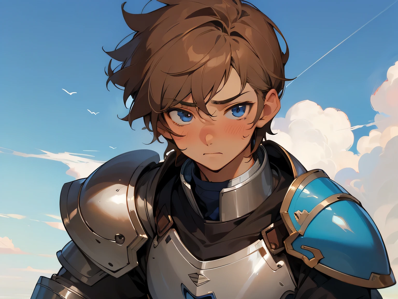 blushm,masterpiece, best quality, (anime man), mature, light tan skin, ((short brown hair)), blue eyes, silver armor, fit, handsome, kind, shy, in love,red cheek,Cloud World