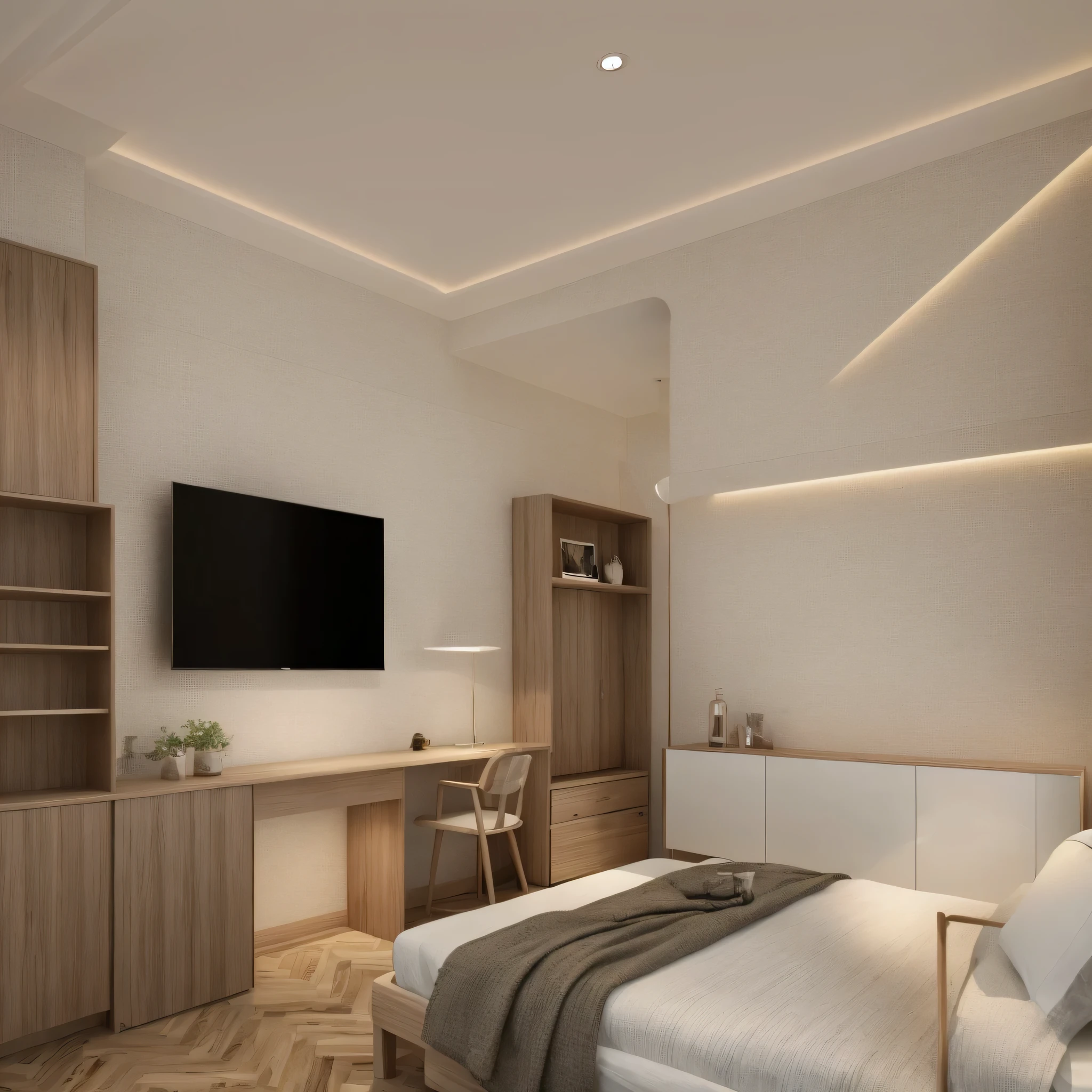 RAW photo of bedroom,TV , table and chair, Masterpiece, high quality, best quality, authentic, super detail, interior,white wall, Neutral color for furniture,natural wooden texture, modern style, Realistic reflexes,realistic light , vray