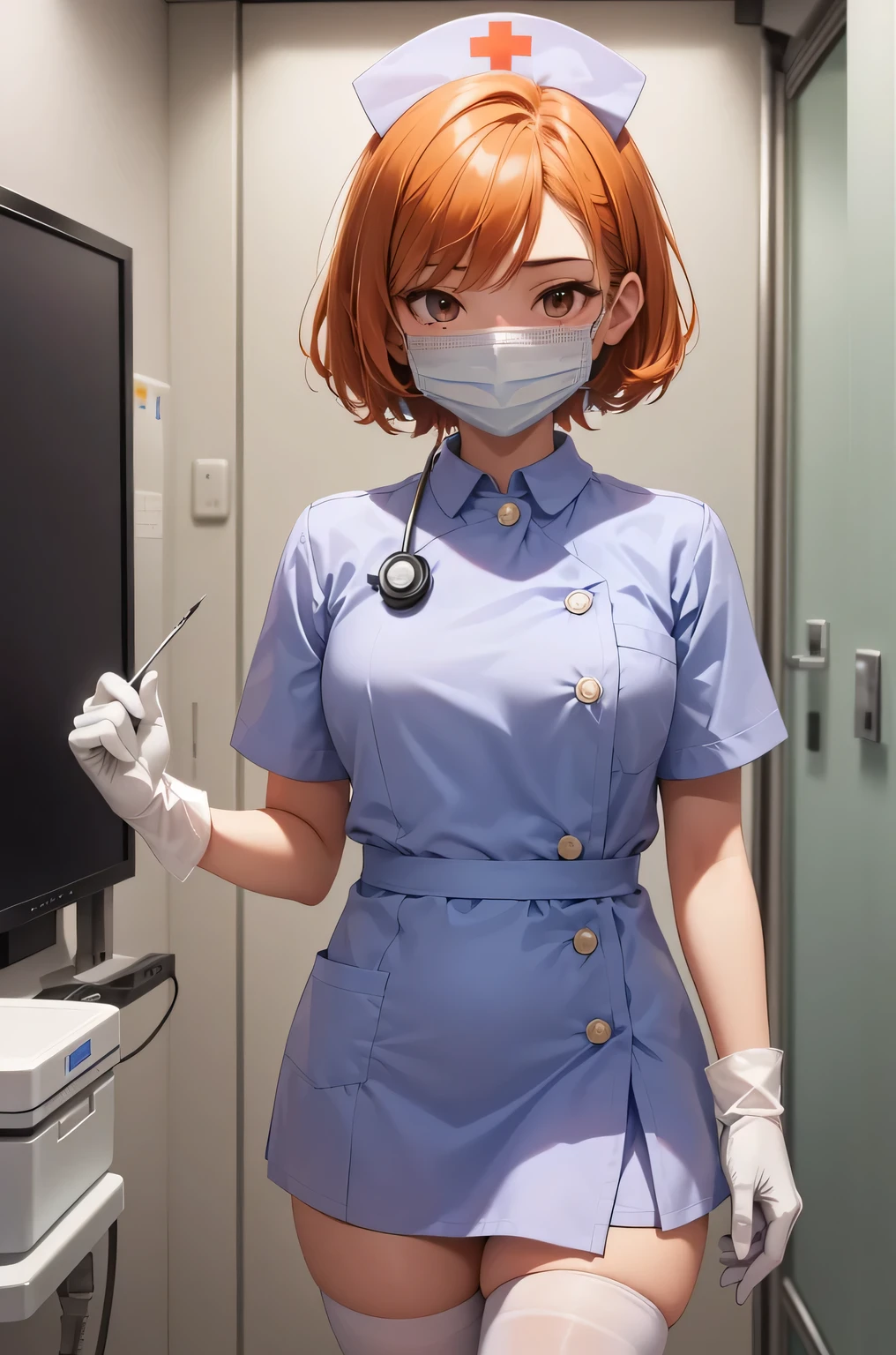 1boy, solo, male focus, nurse, white nurse cap, white nurse uniform, ((white legwear, zettai ryouiki)), white gloves, short hair, orange hair, ((white surgical mask, covered nose)), standing, ((hospital room)), sharp outline, short sleeves, shota, , best quality, masterpiece