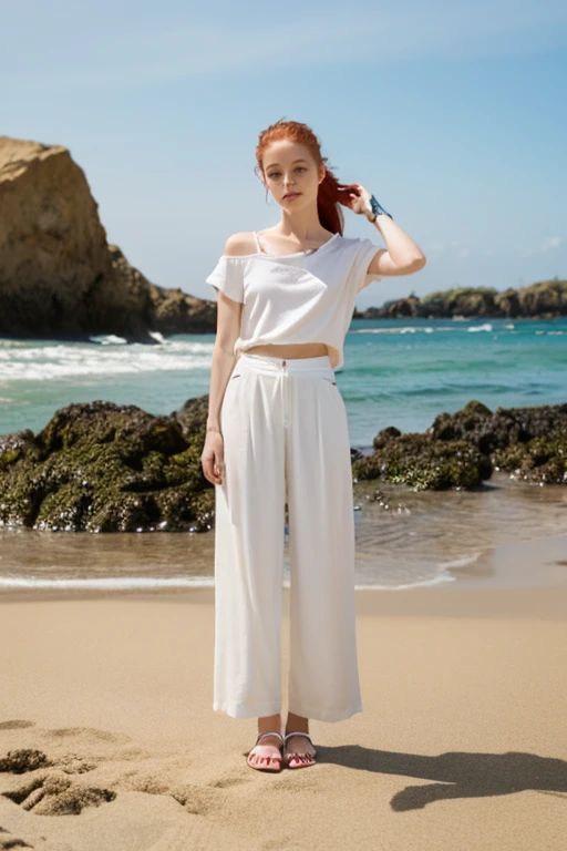 1 girl,white suniel pants,brown leather sandals,Red hair,ponytail,Danes,sandy beach,standing position