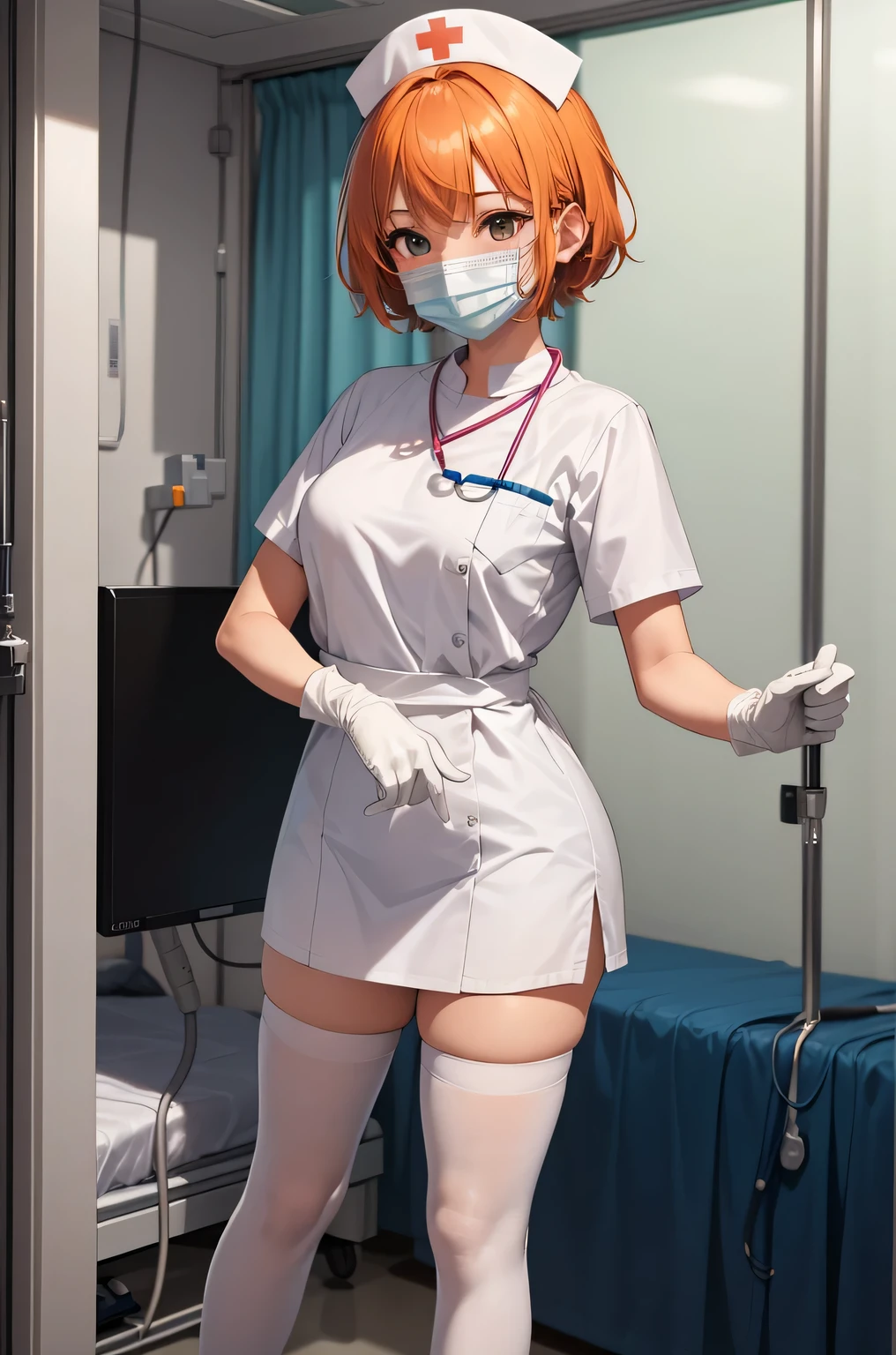 1 girl, alone, nurse, nurse cap, Whiteware, ((white legwear, zettai ryouiki)), white gloves, very short hair, orange hair, ((White surgical mask, Covered nose)), Are standing, ((hospital room)), sharp outline, short sleeve, Tomboy, boyish, highest quality, masterpiece