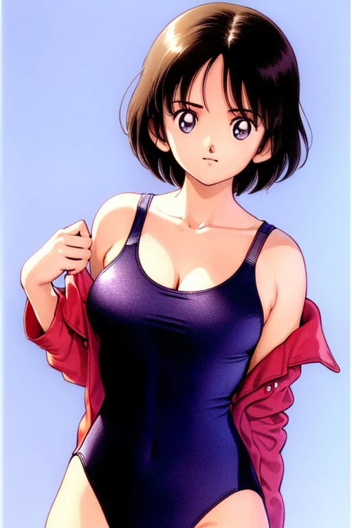 1girl, haruka, black hair, short hair, bangs, looking at viewer, collarbone, medium breast, cleavage, (seiza), slender, upper body, (half undress, clothes pull:1.5, competition swimsuit pull:1.5), (best quality, masterpiece:1.3), (perfect detailed anatomy, Beauty details eyes, Shiny skin, beautiful breasts and cleavage), 