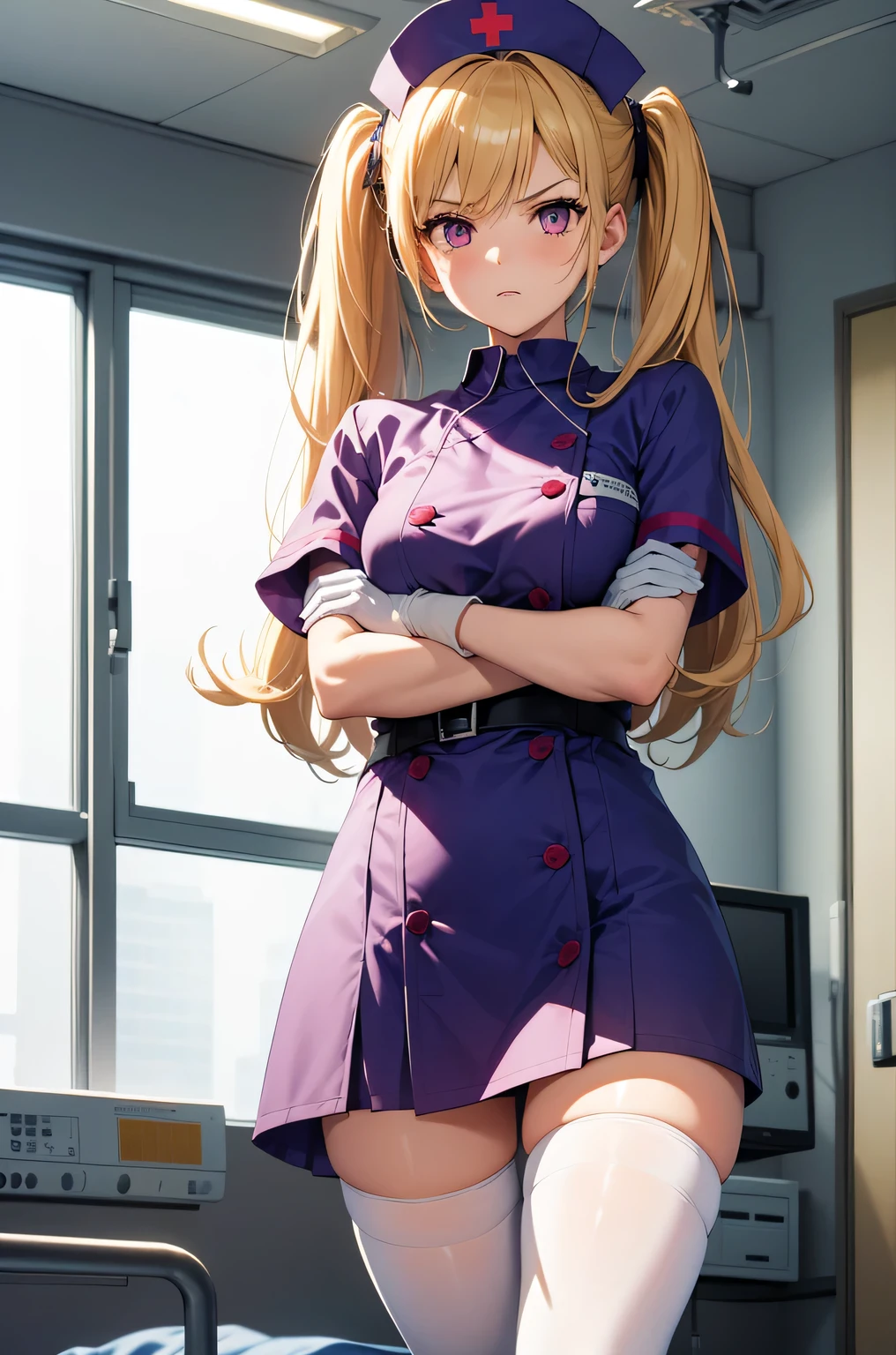 1 girl, alone, nurse, nurse cap, Whiteware, ((white legwear, zettai ryouiki)), white gloves, twin tails, yellow hair, purple eyes, anger, crossed arms, Are standing, ((hospital room)), sharp outline, short sleeve, highest quality, masterpiece