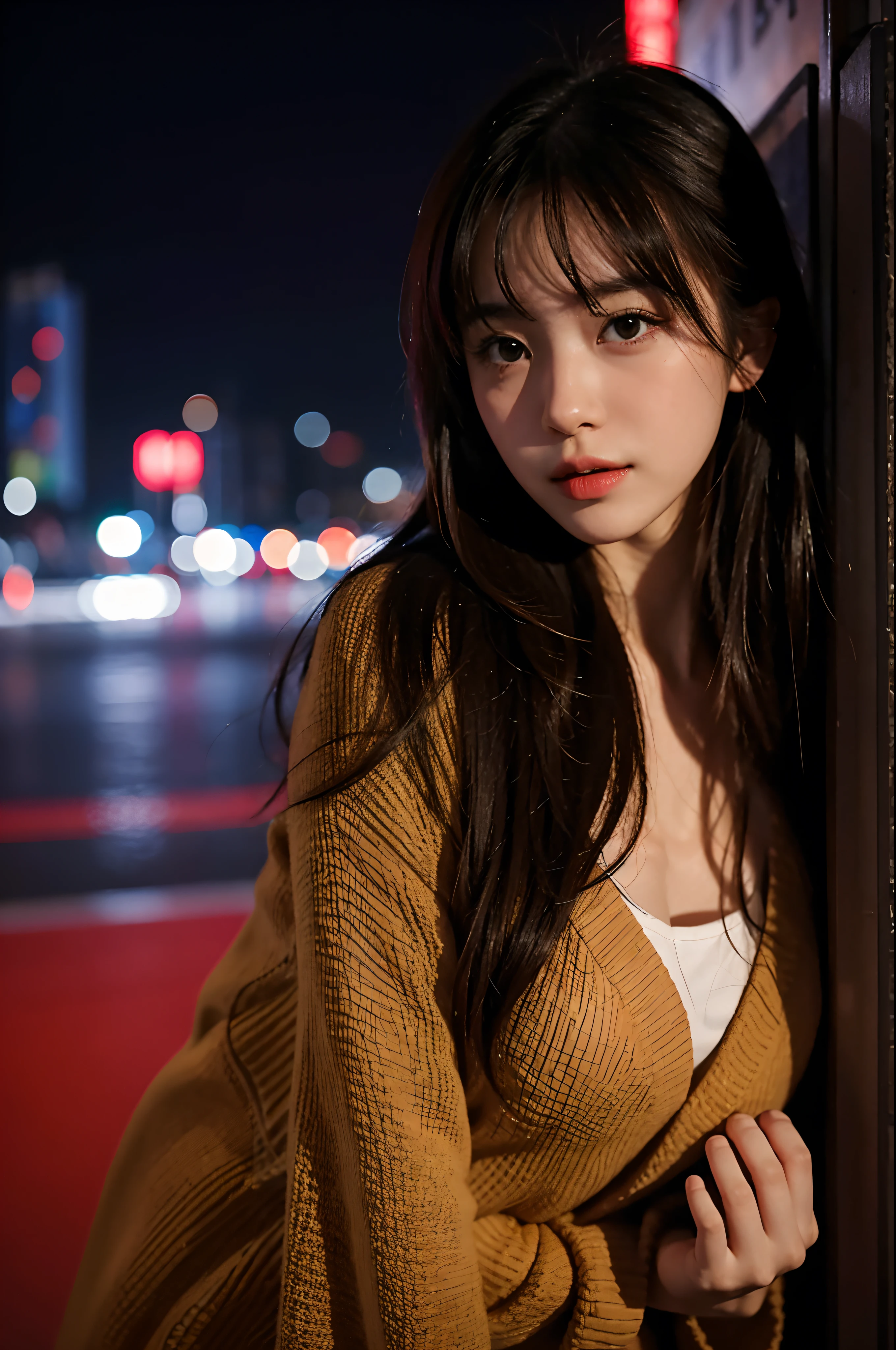 1 girl, Tokyo streets,night, city View,city lights, Upper body,close up, 8k, original photo, best quality, masterpiece,actual, photo-actual,