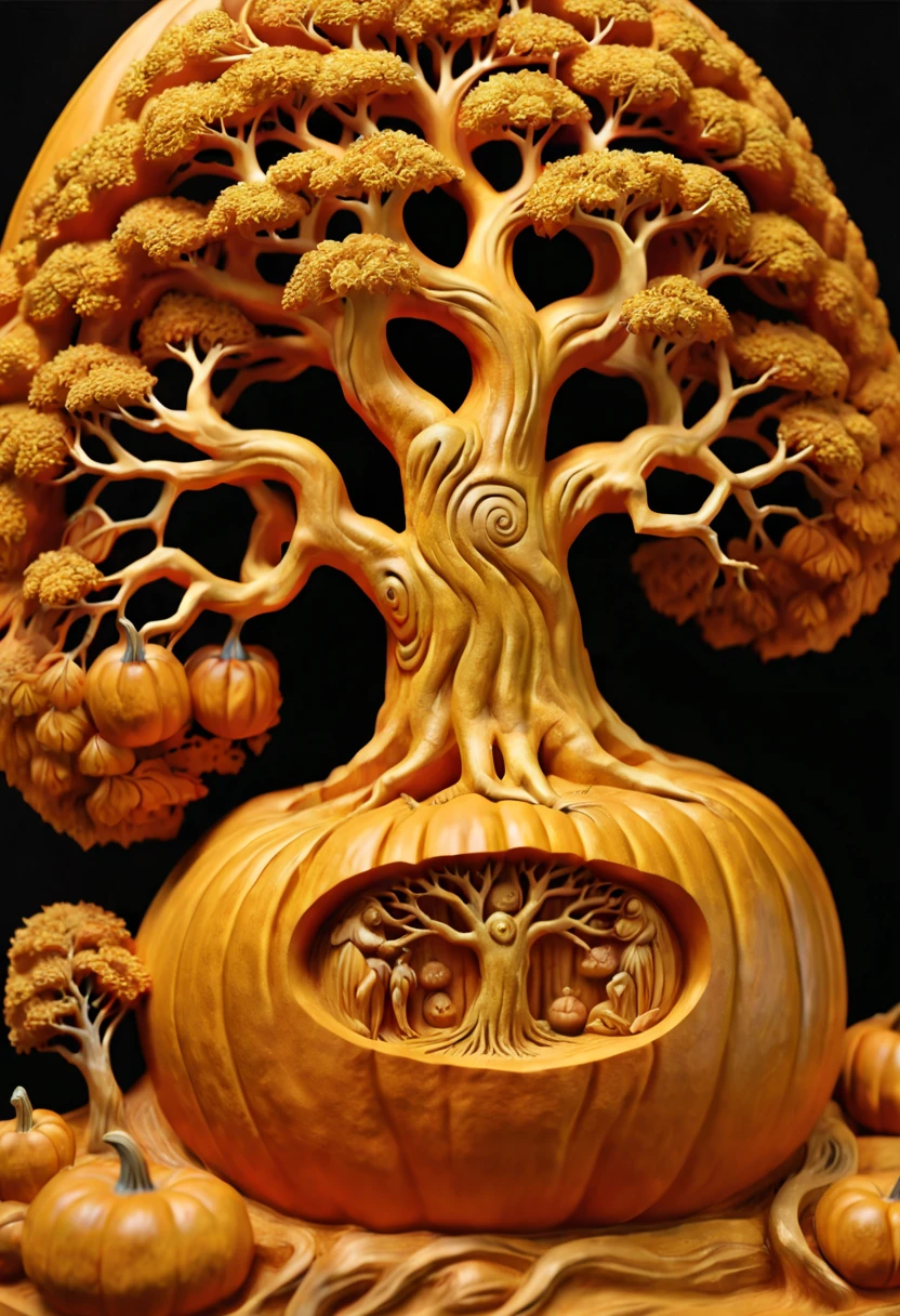 Pumpkin Carving art, Close-up of World Tree sculpture, tree of life inside the Pumpkin, opulent, Fantasy Tree, golden sacred tree, Tree of Life, inspired by Vladimir Kush, smooth surface, 3D Carving on Pumpkin, octane render, (best quality, masterpiece, Representative work, official art, Professional, 8k:1.3)