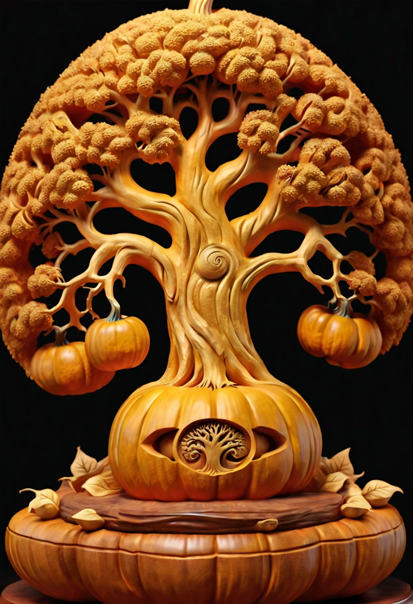 Pumpkin Carving art, Close-up of World Tree sculpture, tree of life inside the Pumpkin, opulent, Fantasy Tree, golden sacred tree, Tree of Life, inspired by Vladimir Kush, smooth surface, 3D Carving on Pumpkin, octane render, (best quality, masterpiece, Representative work, official art, Professional, 8k:1.3)