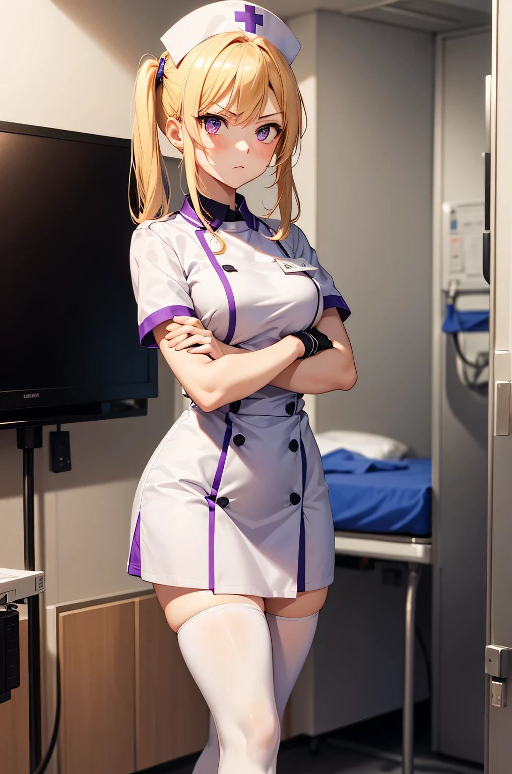 1 girl, alone, nurse, nurse cap, Whiteware, ((white legwear, zettai ryouiki)), white gloves, twin tails, yellow hair, purple eyes, anger, crossed arms, Are standing, ((hospital room)), sharp outline, short sleeve, highest quality, masterpiece