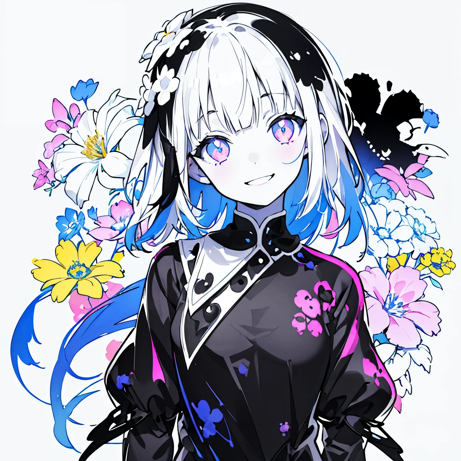 (Very bright:1.1), white background, [1 girl:7], (head tilt:1.2),smile、 ([sketch|watercolor \(Moderate\)]:1.15), (Inkblot:1.1), (pale:1.2),  vector trace, Gradient Blending, Bright colors,colorful、flower、 That&#39;s excellent, very detailed, Complex, (Extremely low contrast:1.4)