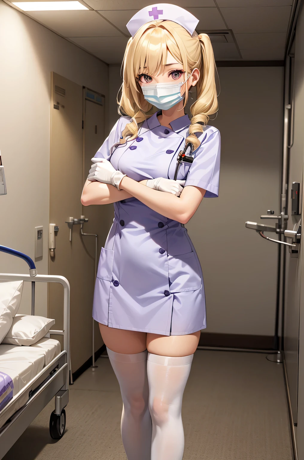 1 female, alone, nurse, nurse cap, Whiteware, ((white legwear, zettai ryouiki)), white gloves, blonde hair, blue eyes, pink lips, smile, Are standing, ((hospital room)), sharp outline, short sleeve, mature woman, 35 years old, highest quality, masterpiece