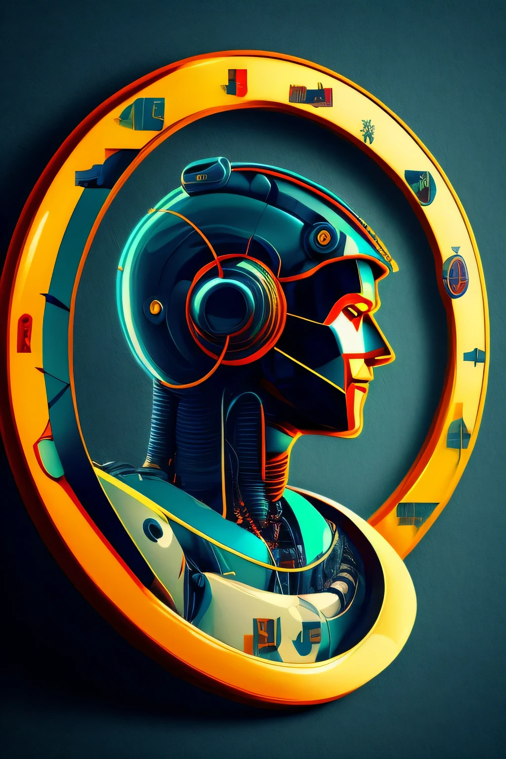 a human-shaped AI logo of a robot man looking thoughtfully into the future, minimalista circular frame, minimalista, Ciberpunk, arte digital, ultra detalhado, ultra detalhado background, 8k