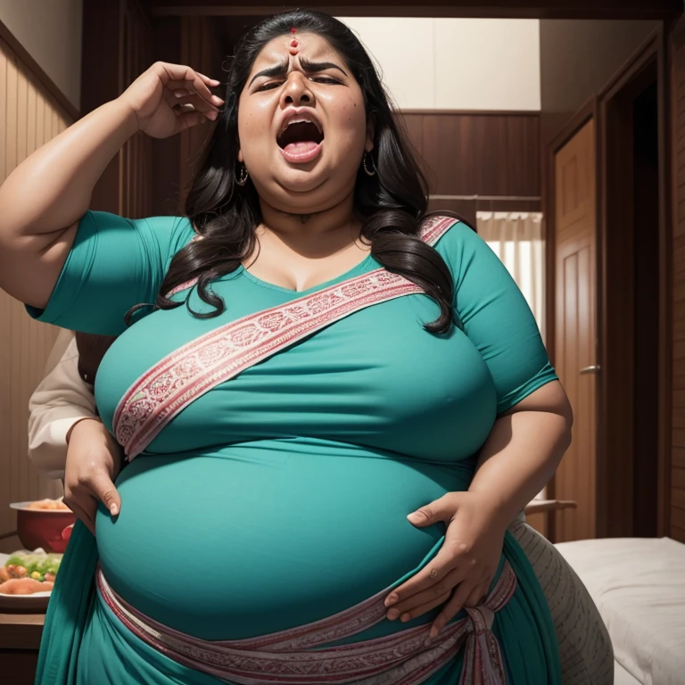 morbidly obese indian aunty screaming in pain from overeating, very tight kurta, extremely wide, ussbbw, very gigantic very fat swollen pot belly, small breasts, her big belly is heavier than 50 kg, pregnant with octuplets, resting hands on big belly, in extreme pain from overeating, she is moaning and cringing, she is screaming in excruciating pain from overeating, she is tightly scrunching her face, burping