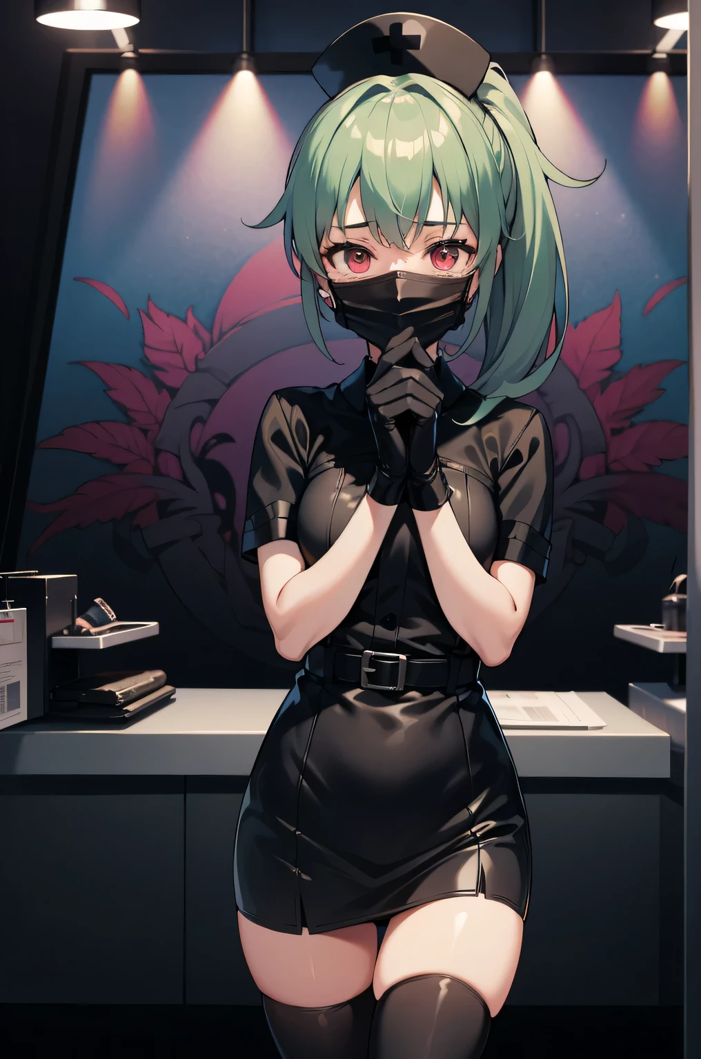 black nurse, 1 girl, alone, black nurse cap, Black Wear, ((black legwear, zettai ryouiki)), black elbow gloves, ponytail, green hair, pink eyes, ((Black surgical mask, Covered nose)), Are standing, ((operating room)), sharp outline, short sleeve, highest quality, masterpiece