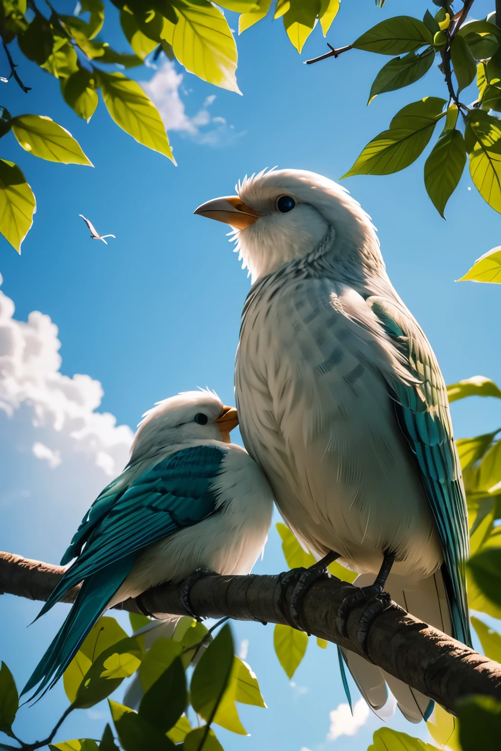 The mother bird is feeding the  birds,beautiful detailed feathers,brightly colored feathers,soft,fluffy feathers,green leaves on the tree branches,blue sky and white clouds,fresh morning sunlight,best quality,ultra-detailed,naturalistic colors,gentle lighting,portrait style.