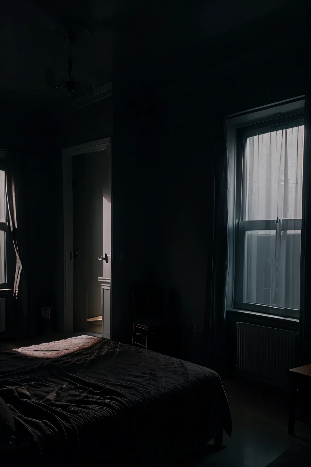 A dimly lit room: Picture a room with minimal lighting, shadows cast on the walls, creating an atmosphere of suspense. and it must be a girly type room but dark at night, with a window showing us it is dark out side , with red moon outside