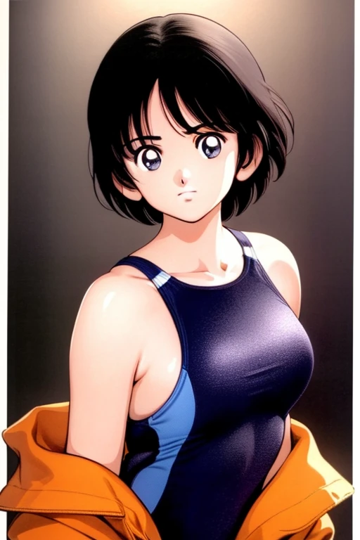 1girl, haruka, black hair, short hair, bangs, looking at viewer, collarbone, medium breast, cleavage, (seiza), slender, upper body, (half undress, clothes pull:1.5, competition swimsuit pull:1.5), (best quality, masterpiece:1.3), (perfect detailed anatomy, Beauty details eyes, Shiny skin, beautiful breasts and cleavage), 