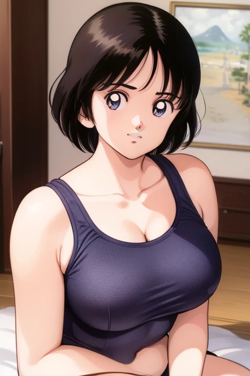 1girl, haruka, black hair, short hair, bangs, looking at viewer, collarbone, medium breast, cleavage, (seiza), slender, upper body, (half undress, competition swimsuit pull), (best quality, masterpiece:1.3), (perfect detailed anatomy, Beauty details eyes, Shiny skin, beautiful breasts and cleavage), 