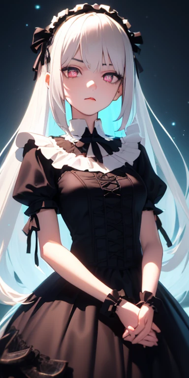 (silver hair,colorful fluorescence multicolored  hair:1.5,straight hair:1.5), (masterpiece, sidelights, exquisite beautiful eyes: 1.5), masterpiece*portrait, realistic, ((dark horror background:1.5)),(cold face:1.5),colorful,3D face,(beautiful face),front view: 1.6、 (glowing red eyes:1.2),(tareme:1.5)、(condescending expression:1.5),((blue lip rouge:1.2)),Slim Body, shiny hair, shiny skin: 1.5、medium breasts,、solo,(stand)、(gothic lolita dress:1.5)、(charactor focus:1.5、portlate、eye focus,cowboy shot)、dark atmosphere,intricatedetails