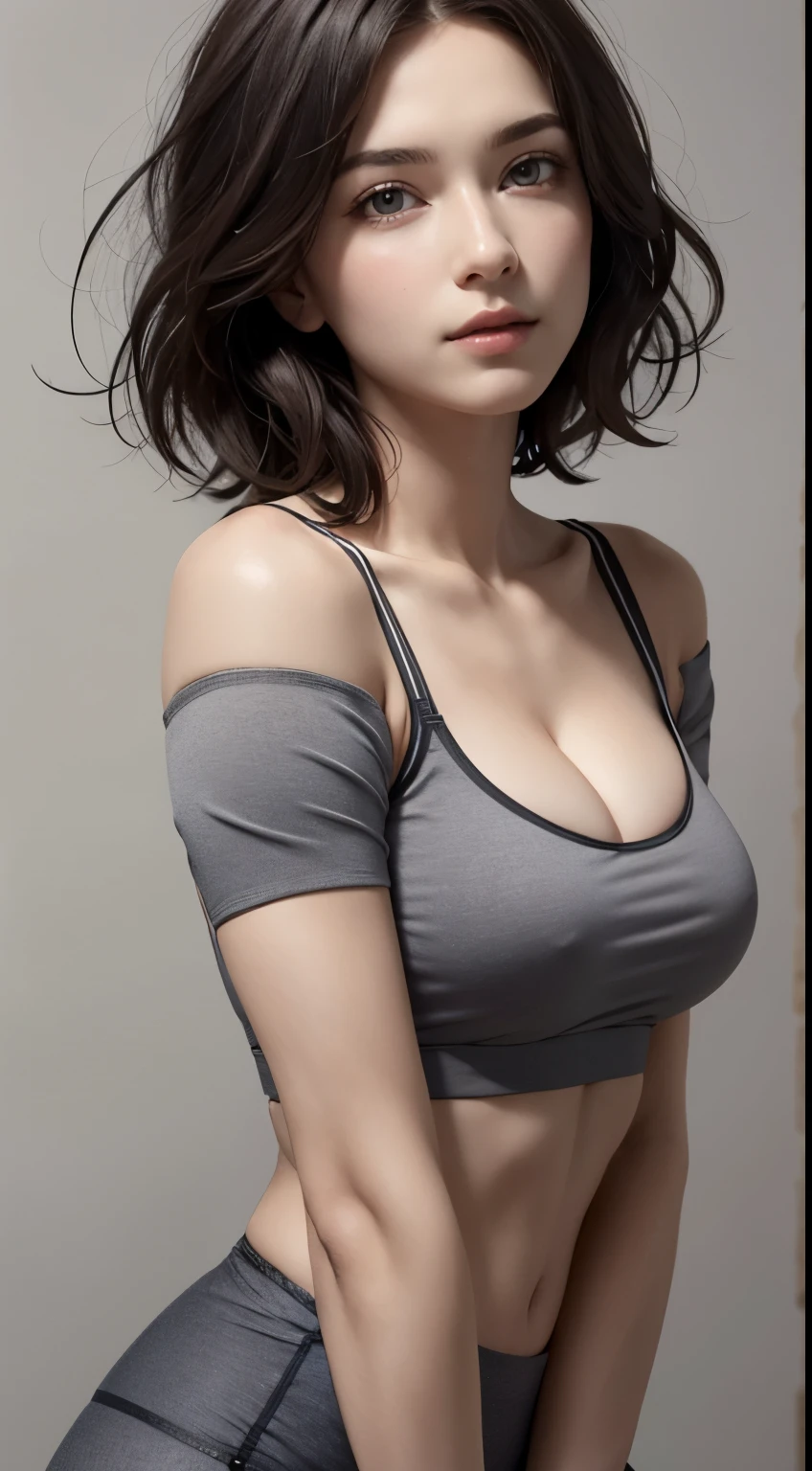 Looking at Viewer, cinematic lighting, Perfect fit, soft light, High resolution skin:1.2, realistic skin texture, body tired from sports、30 years old mature woman、small face、no makeup、Makeup is light、short cut hair、dark brown hair、Bust B Cup、small breasts same、 Revealed cleavage、off shoulder、sports bra、leggings、full nude、gray background
