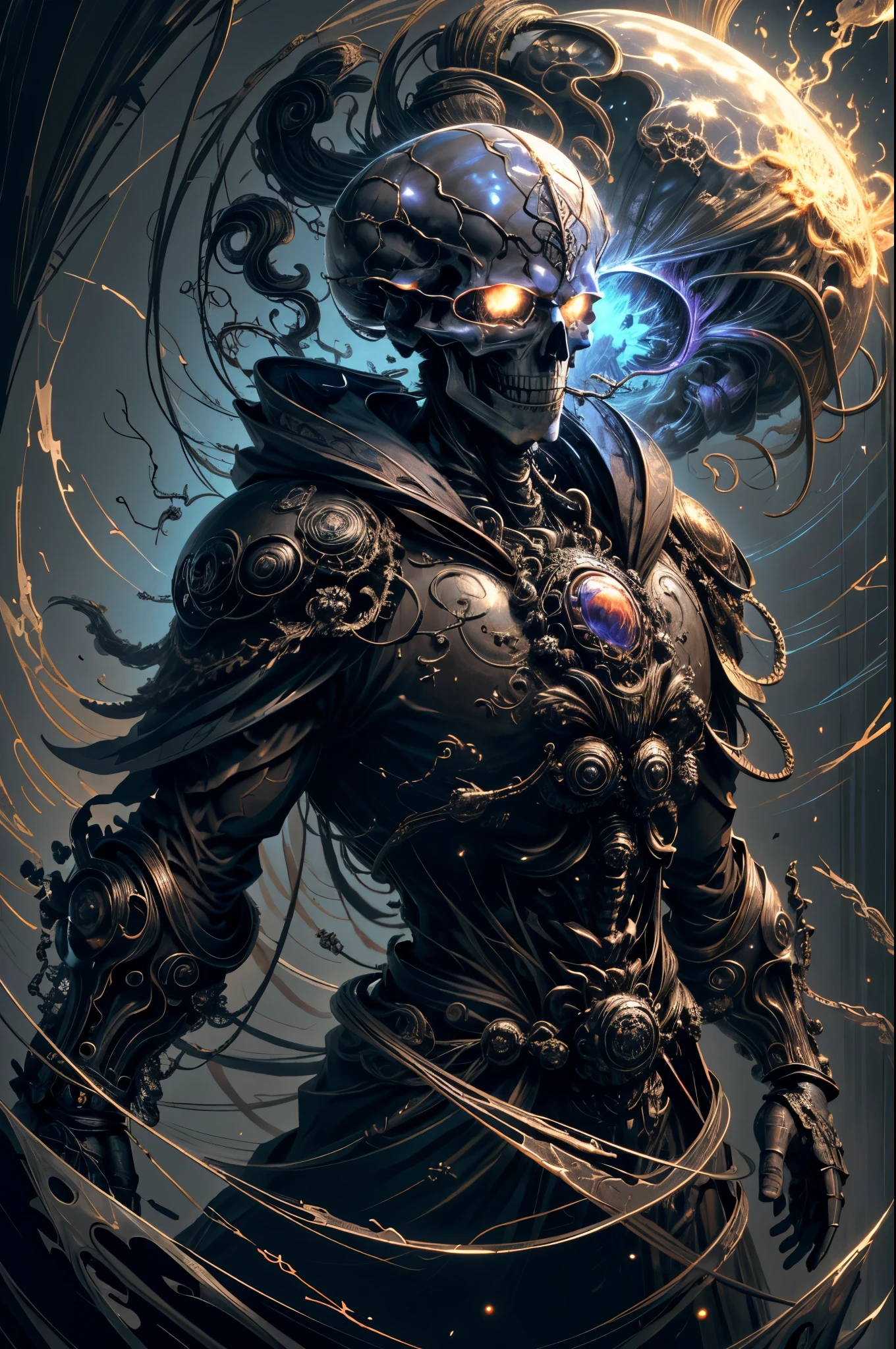 (Masterpiece, best quality :1.3), ultra-detailed, intricate, 8k, HDR, wallpaper, movie lighting, (Universe), gun, (shooting position), glow,Lord of Death Crown, armor, ((manic smile)), red eyes, Mecha, large wings, head close-up (metal skeleton parasitically parasized by a dreamlike transparent jellyfish), An altar of abstractly twisted jellyfish tentacles holds a very large (mysterious skull made of metal), a waterfall of transparent tentacles above the skull, (dark sunglasses, highly reflective lenses, a rainbow around the skull), and an energetic circular composition only illustrates the influence of various structural forces (steampunk decorative elements, cogs, and other elements). Pointer, chain decoration combination,insanely detailed and intricate, hypermaximalist, elegant, ornate, hyper realistic, super detailed