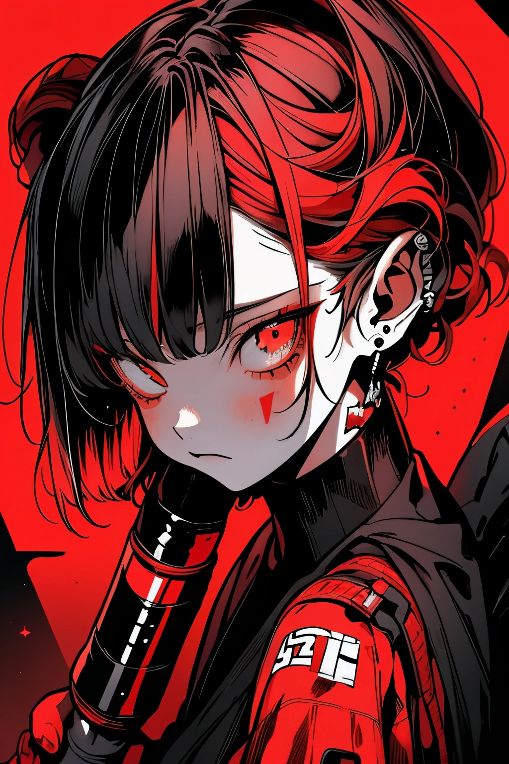 on the moon, red is the main color, Holding_arma, No_The human, lowers_Eyes, 机器人, background of the Milky Way galaxy,neons,Cyberpunk, Best Quality, masutepiece, absurderes, monochromes, Game CG,