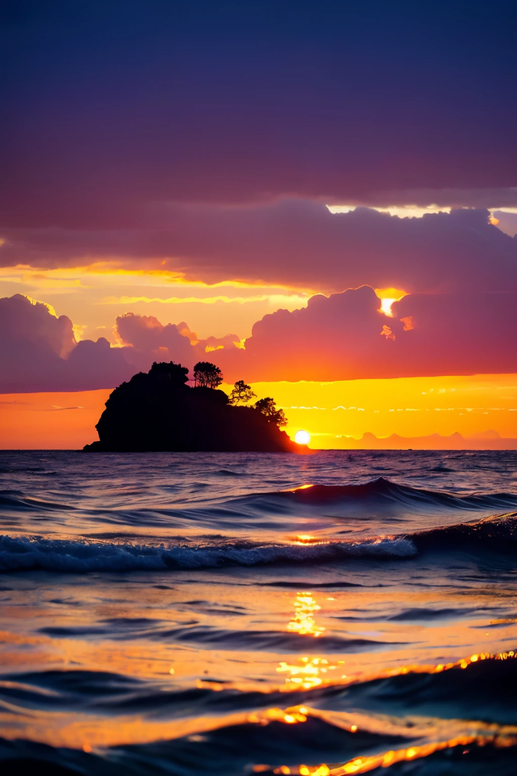 ((best quality)), ((masterpiece)), (detailed), Cinematic, landscape photography, a vibrant sunset over the ocean viewed from a boat, flattened perspective, capturing the serene moment, present day, wide-angle shot, 8K ultra-high resolution, DSLR camera, in the style of a National Geographic photo, evoking a sense of tranquility and awe, golden hour lighting, color palette of deep oranges, purples, and blues, minimalistic transavanguardia art style, sophisticated multiple filter effects to enhance the mood and texture. no people, no man, no woman