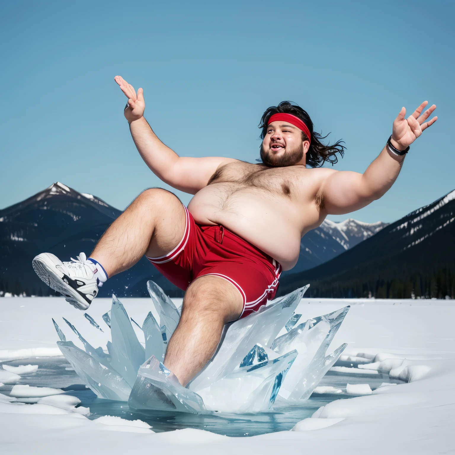 an overweight man in a red shorts and a red headband, no shirt on a frozen lake, ice broke below him because he is overweight, fearful yet funny faceexpression, mountains