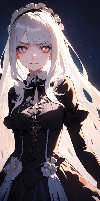 (silver hair,colorful fluorescence multicolored  hair:1.5,straight hair:1.5), (masterpiece, sidelights, exquisite beautiful eyes: 1.5), masterpiece*portrait, realistic, ((dark horror background:1.5)),(cold face:1.5),colorful,3D face,(beautiful face),front view: 1.6、 (glowing red eyes:1.2),(tareme:1.5)、(condescending expression:1.5),((blue lip rouge:1.2)),Slim Body, shiny hair, shiny skin: 1.5、medium breasts,、solo,(stand)、(gothic lolita dress:1.5)、(charactor focus:1.5、portlate、eye focus,cowboy shot)、dark atmosphere,intricatedetails