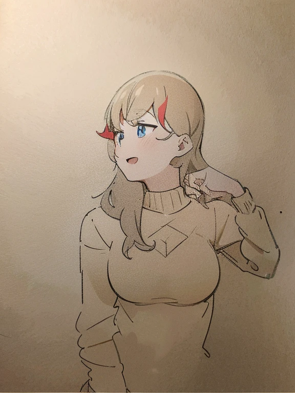 High quality anime pictures,housewife,blue sweater,orange eyes,Relax,High quality anime girls,joy