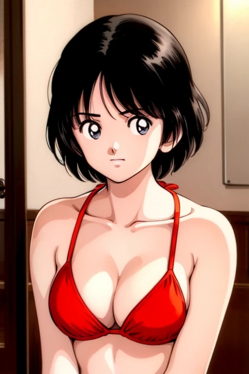 1girl, haruka, black hair, short hair, bangs, looking at viewer, collarbone, medium breast, nipples, cleavage, (leaning forward, seiza), slender, upper body, (topless), (best quality, masterpiece:1.3), (perfect detailed anatomy, Beauty details eyes, Shiny skin, beautiful breasts and nipples), 