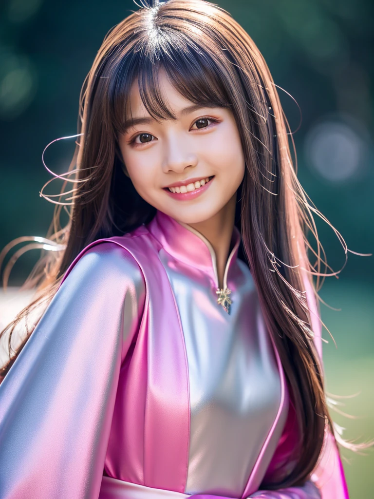 dark vivid pink aodai, Vietnamese girl, smile , long smooth shiny silky silver hair, Realistic lighting, pretty face , Body perfect anatomy,Top Quality, 8K Resolution , full body , real human , High quality, realistic , Cinematic, Aesthetic, beautiful girl , silver cape