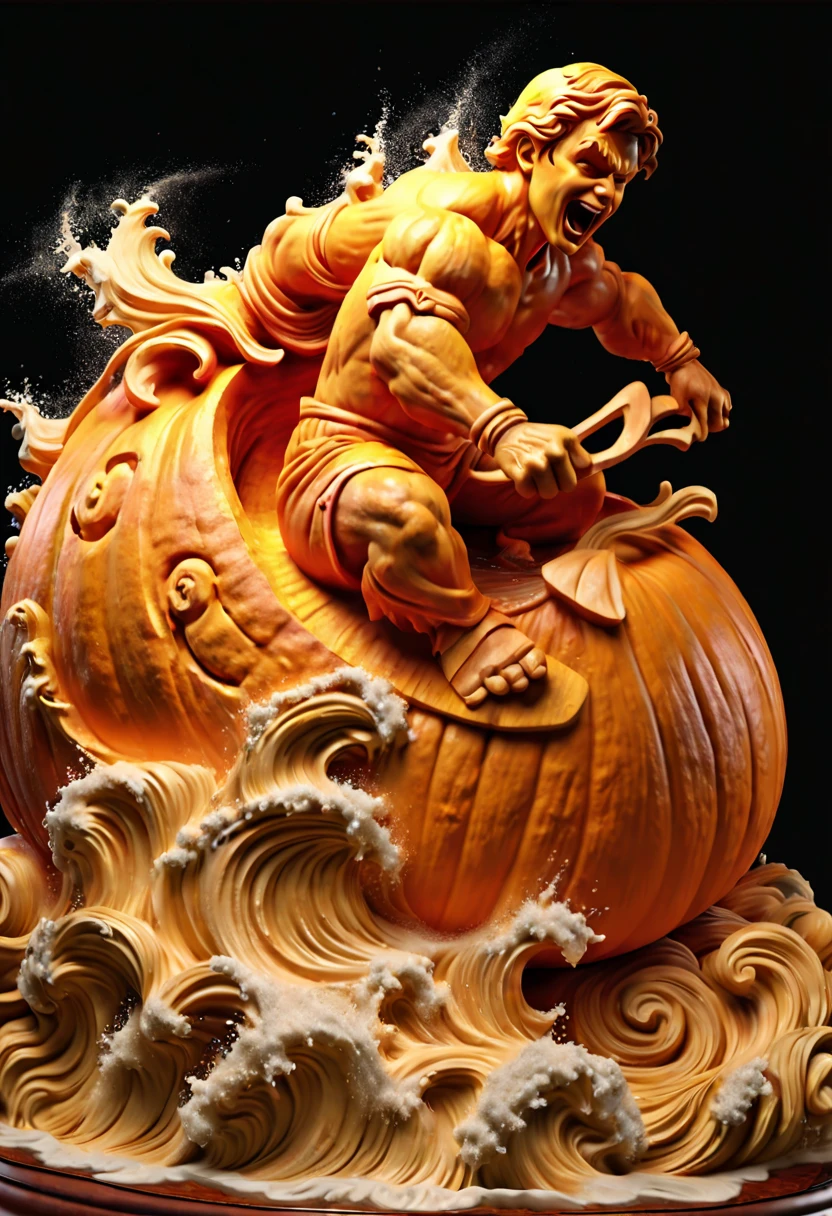 Pumpkin Carving art, Surfer conquering a towering wave during a storm, water splashing and foam swirling in the air, 3D Carving on Pumpkin, octane render, (best quality, masterpiece, Representative work, official art, Professional, 8k:1.3)