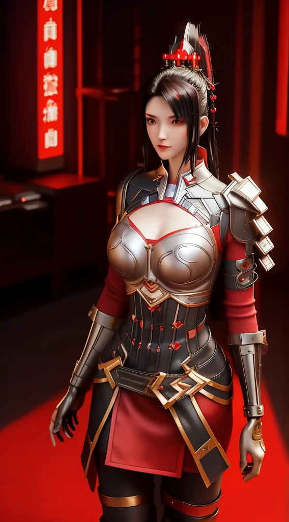 SYWZwangyuanyuan,1girl, armor,cityscape, night, looking at viewer, mature female, red eyes,high ponytail, hair ornament, red shirt,cowboy shot, pauldrons,((Best quality)), ((masterpiece)), (highly detailed:1.3), 3D, beautiful (cyberpunk:1.3) hacker woman with thick voluminous hair operating a computer terminal