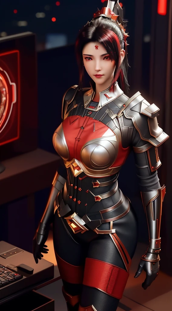 SYWZwangyuanyuan,1girl, armor,cityscape, night, looking at viewer, mature female, red eyes,high ponytail, hair ornament, red shirt,cowboy shot, pauldrons,((Best quality)), ((masterpiece)), (highly detailed:1.3), 3D, beautiful (cyberpunk:1.3) hacker woman with thick voluminous hair operating a computer terminal