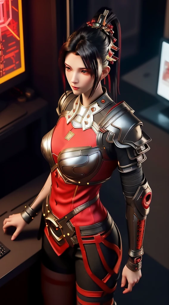 SYWZwangyuanyuan,1girl, armor,cityscape, night, looking at viewer, mature female, red eyes,high ponytail, hair ornament, red shirt,cowboy shot, pauldrons,((Best quality)), ((masterpiece)), (highly detailed:1.3), 3D, beautiful (cyberpunk:1.3) hacker woman with thick voluminous hair operating a computer terminal