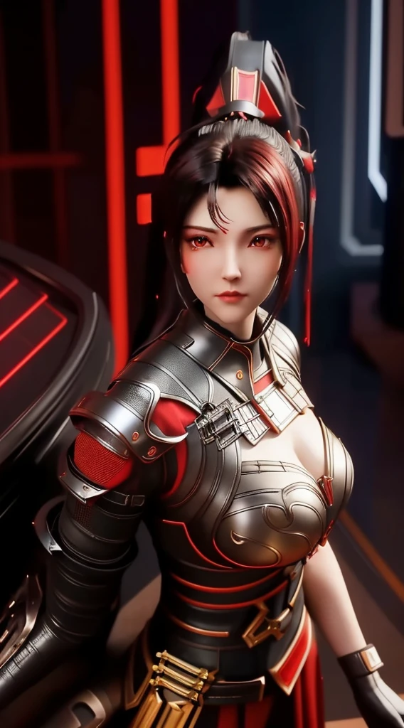 SYWZwangyuanyuan,1girl, armor,cityscape, night, looking at viewer, mature female, red eyes,high ponytail, hair ornament, red shirt,cowboy shot, pauldrons,((Best quality)), ((masterpiece)), (highly detailed:1.3), 3D, beautiful (cyberpunk:1.3) hacker woman with thick voluminous hair operating a computer terminal