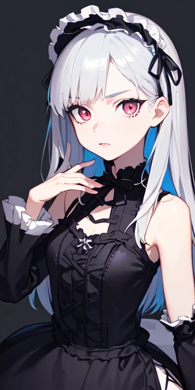 (silver hair,colorful fluorescence multicolored  hair:1.5,straight hair:1.5), (masterpiece, sidelights, exquisite beautiful eyes: 1.5), masterpiece*portrait, realistic, ((dark horror background:1.5)),(cold face:1.5),colorful,3D face,(beautiful face),front view: 1.6、 (glowing red eyes:1.2),(tareme:1.5)、(condescending expression:1.5),((blue lip rouge:1.2)),Slim Body, shiny hair, shiny skin: 1.5、medium breasts,、solo,(stand)、(gothic lolita dress:1.5)、(charactor focus:1.5、portlate、eye focus,cowboy shot)、dark atmosphere,intricatedetails
