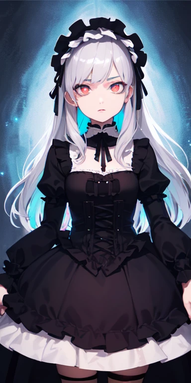 (silver hair,colorful fluorescence multicolored  hair:1.5,straight hair:1.5), (masterpiece, sidelights, exquisite beautiful eyes: 1.5), masterpiece*portrait, realistic, ((dark horror background:1.5)),(cold face:1.5),colorful,3D face,(beautiful face),front view: 1.6、 (glowing red eyes:1.2),(tareme:1.5)、(condescending expression:1.5),((blue lip rouge:1.2)),Slim Body, shiny hair, shiny skin: 1.5、medium breasts,、solo,(stand)、(gothic lolita dress:1.5)、(charactor focus:1.5、portlate、eye focus,cowboy shot)、dark atmosphere,intricatedetails